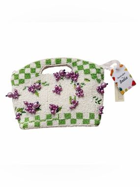 Beaded Floral handbag white green purple pearl clusters crossbody Clutch